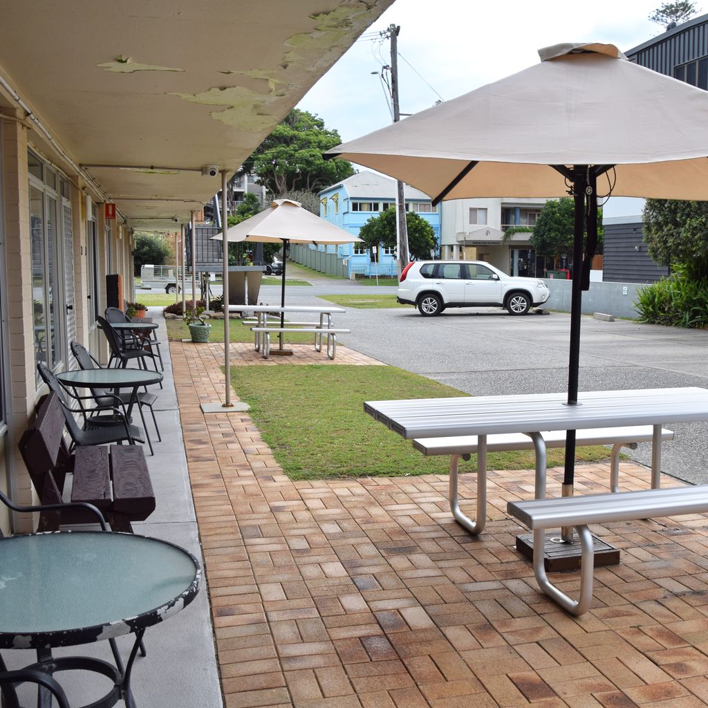 Front of the apartment building.