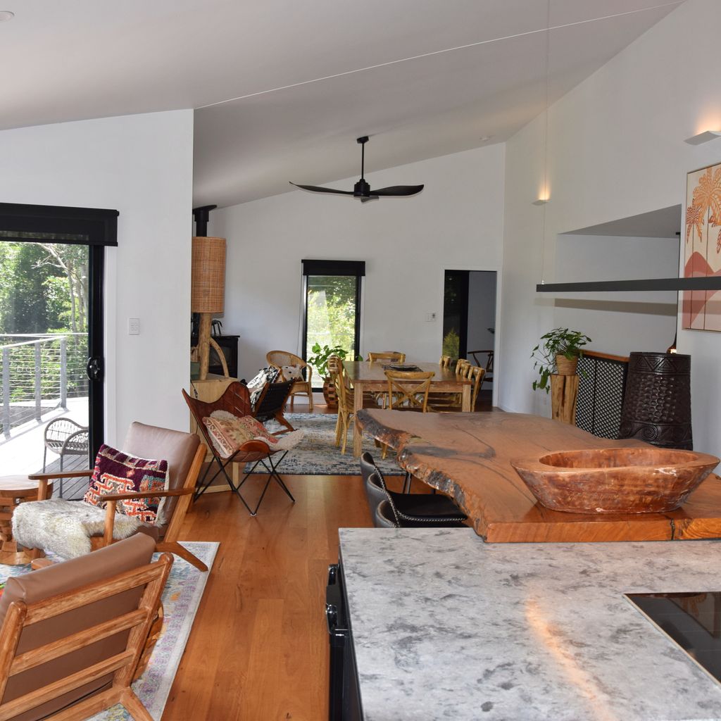 Kitchen, living and dining area.