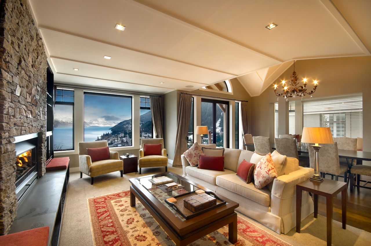 Lounge area, with gas fireplace and lake views.