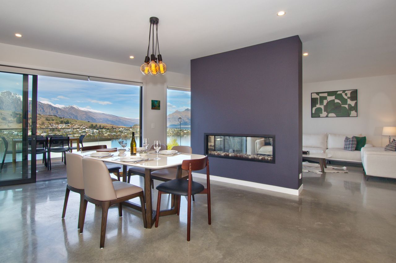 Open dining/lounge with feature fire