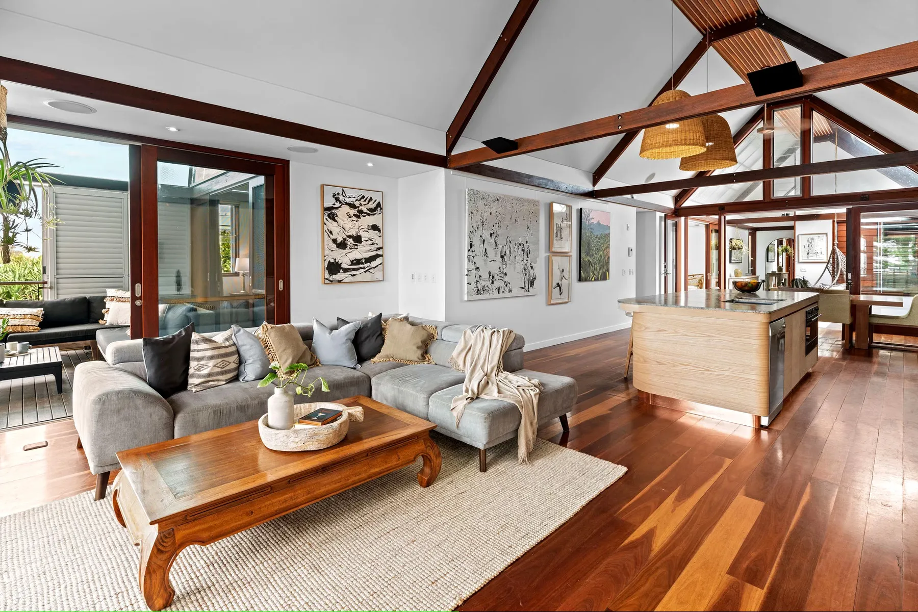 Living room under a cathedral ceiling