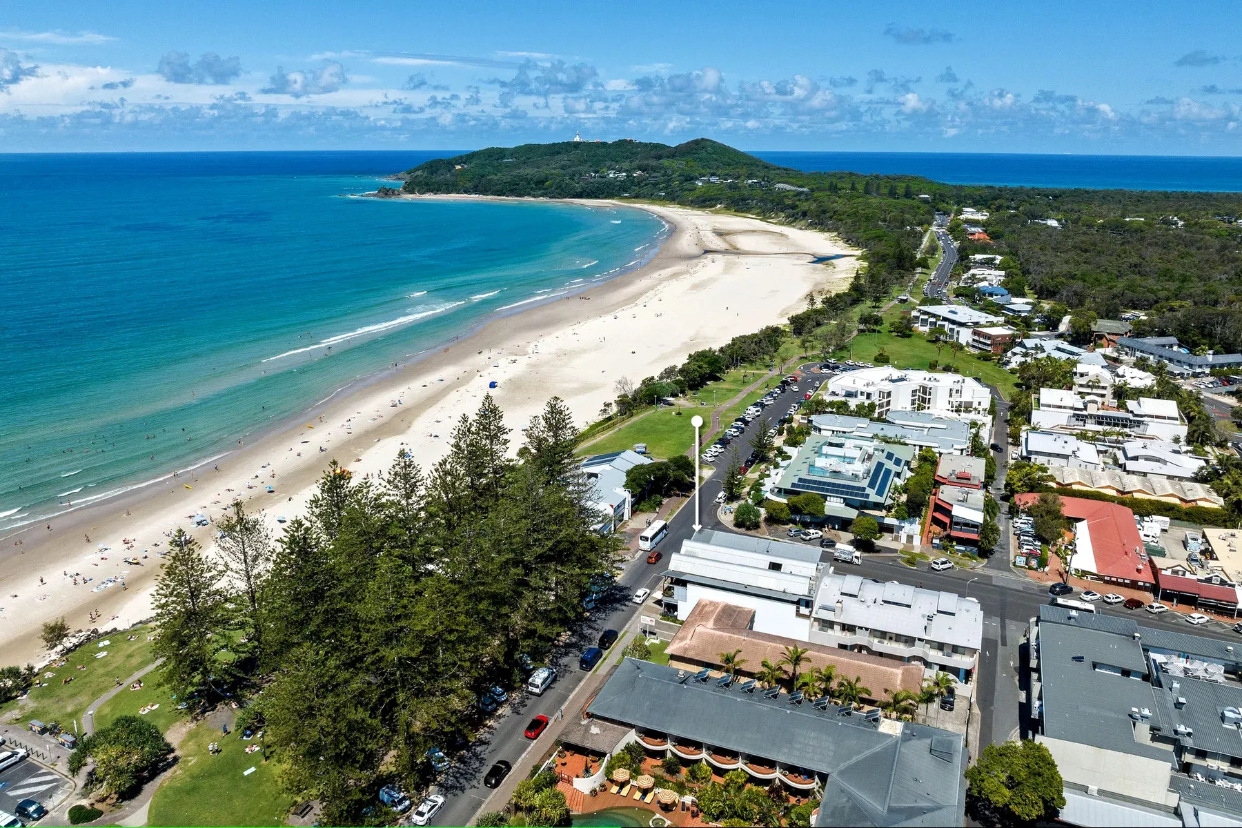 Aerial view of Byron Bay's beach and headland