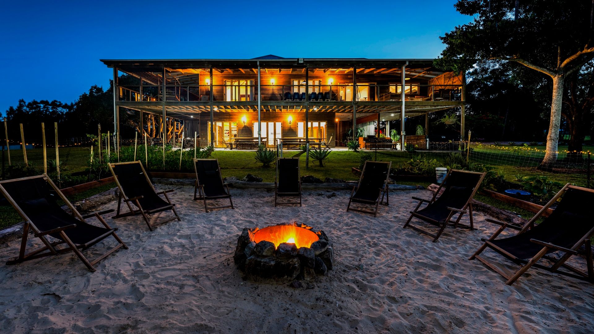 The fire pit at Tranquilo Beach House at night A beautiful spot to retreat to whilst staying at Tranquilo Beach House in Woolgoolga NSW