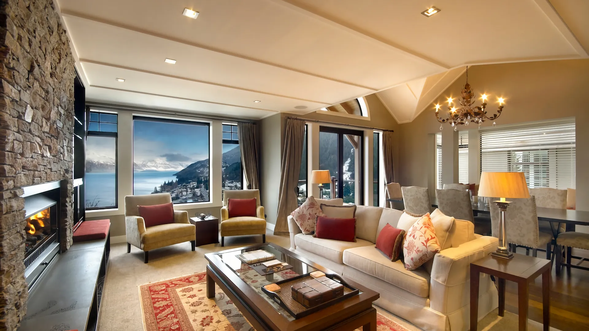 Lounge area, with gas fireplace and lake views. 