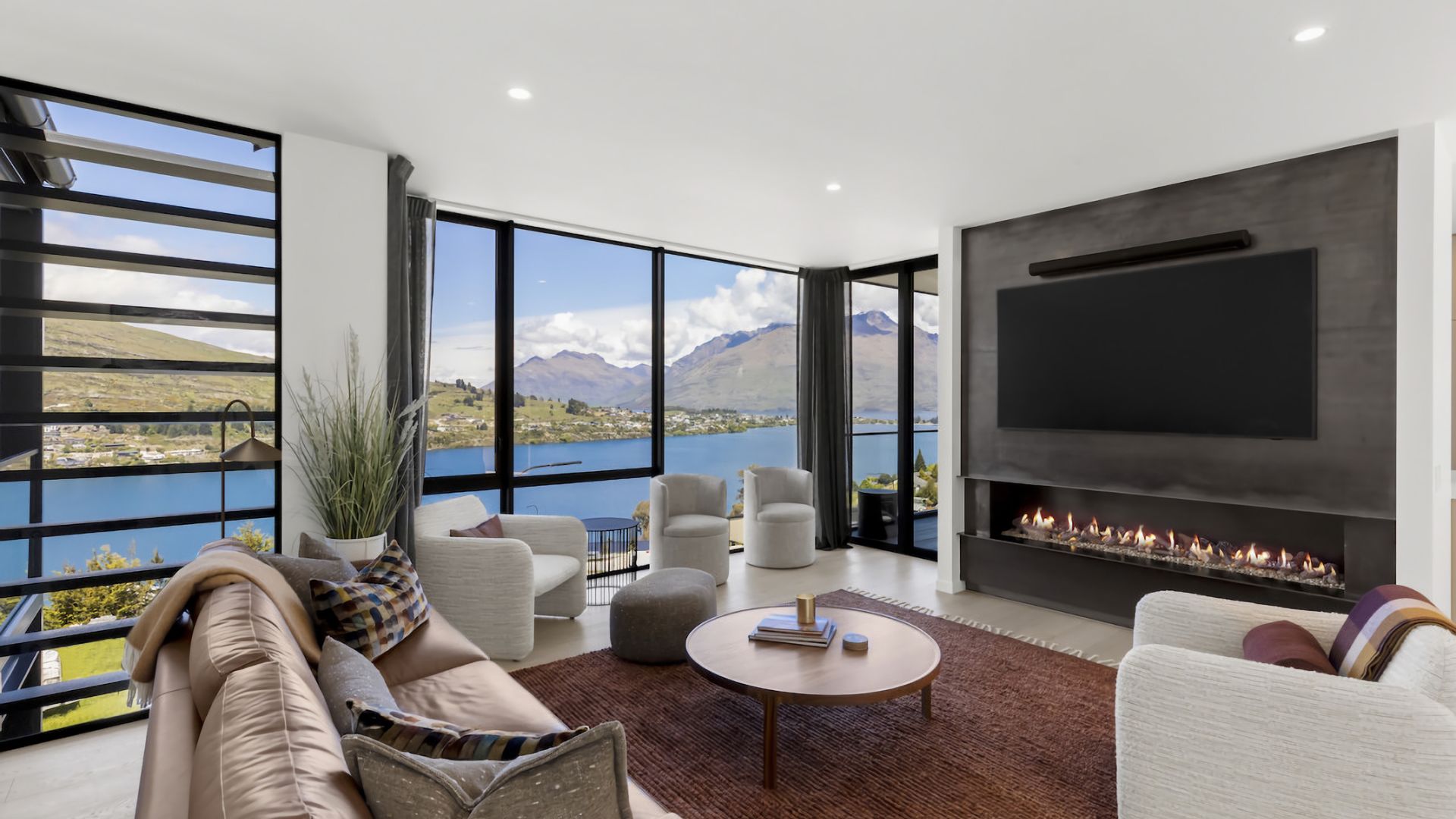 Living Room with Lake and Mountain Views