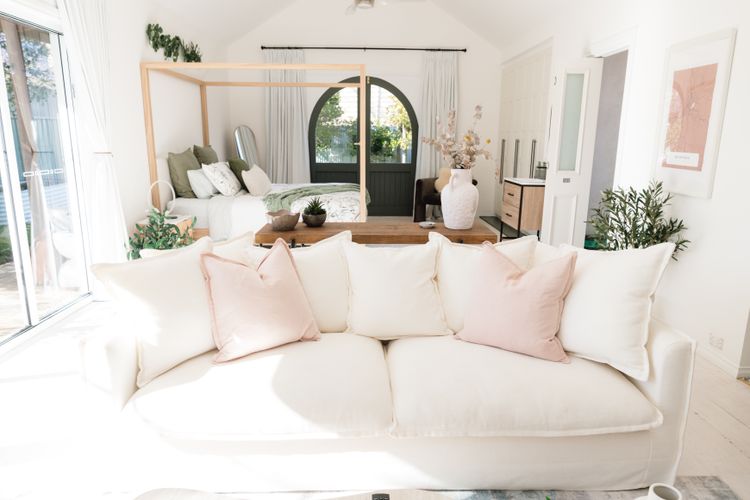 Lounge looking out toward the arch doors to outside