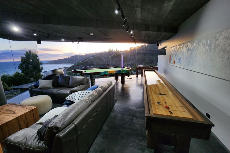 One-of-a-kind abstract billiard table, Foosball table & genuine USA Imported Brunswick 16' shuffleboard