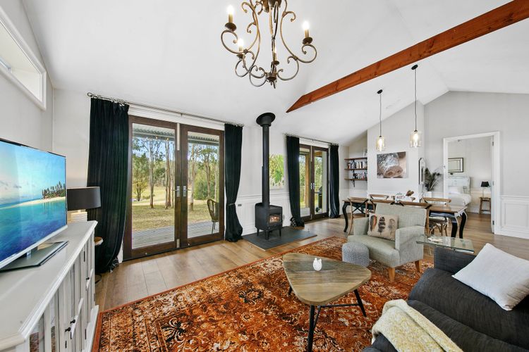 Luxe lounge area with fireplace