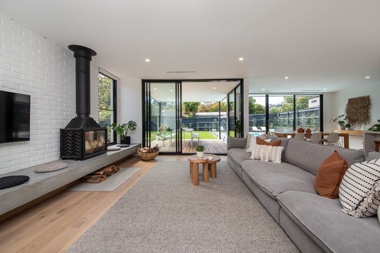 Wood fireplace and light and bright living space 