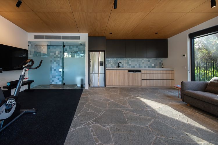 Self contained pool house with fold out couch and bathroom