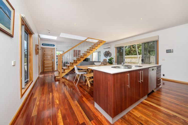 Open plan kitchen and dining on to living