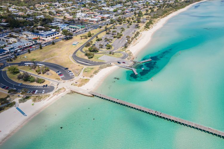Aerial shot of Rye Pier and shops
