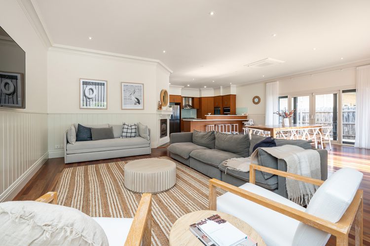 Main living with gas fireplace and smart Tv