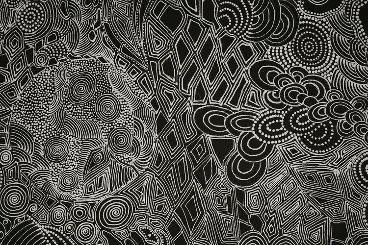 Considered aboriginal art - depicts the story of women that danced in celebrations of the ‘mulju’ or summer rains at the Mina Mina.