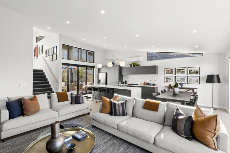 Open plan living with high ceilings