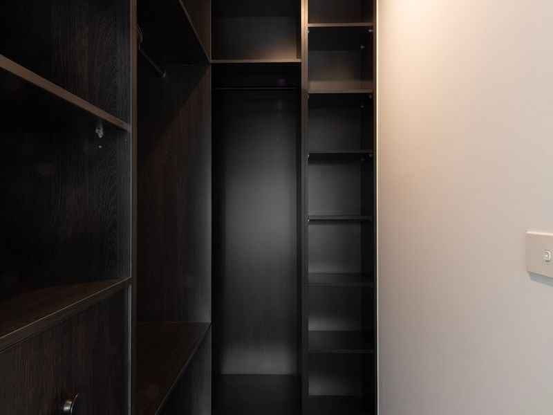 Open walk-in closet with dark shelving and storage compartments.