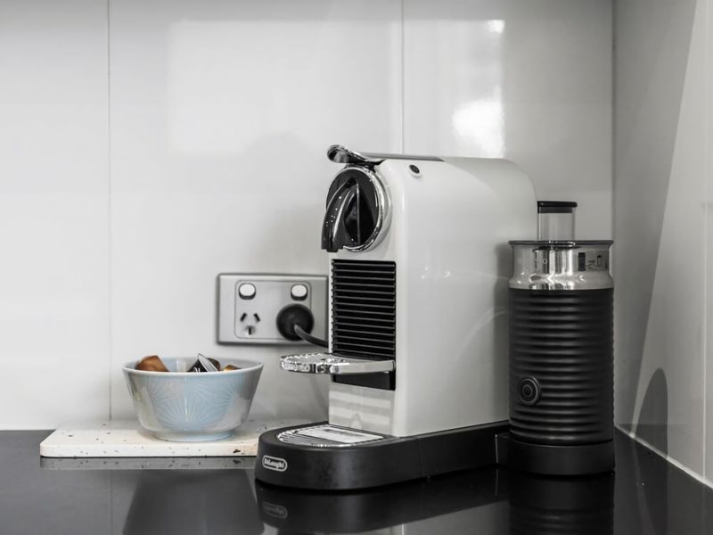 Coffee machine provided for convenient morning brews.