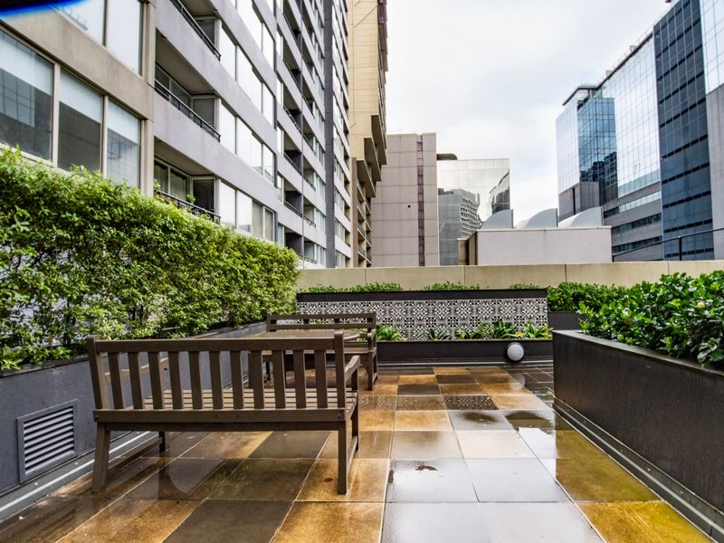 Outdoor communal terrace with seating