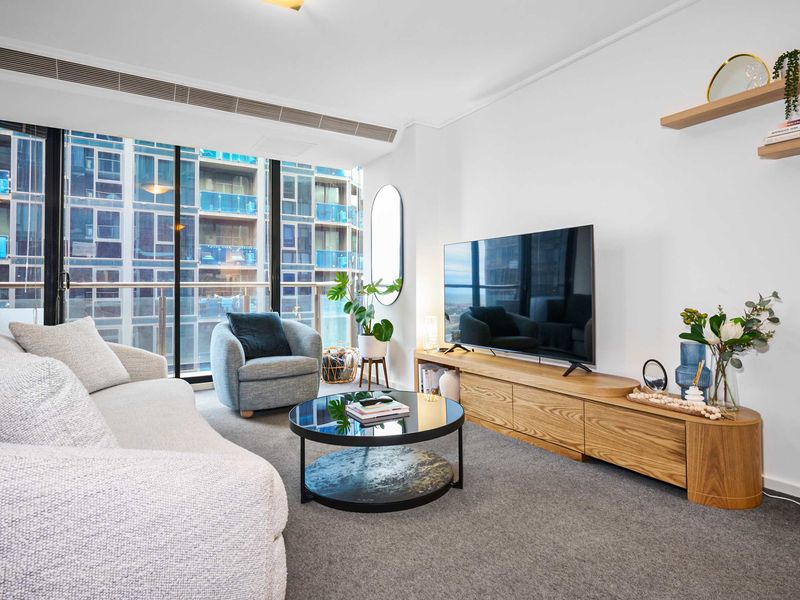 Comfortable couch and large TV