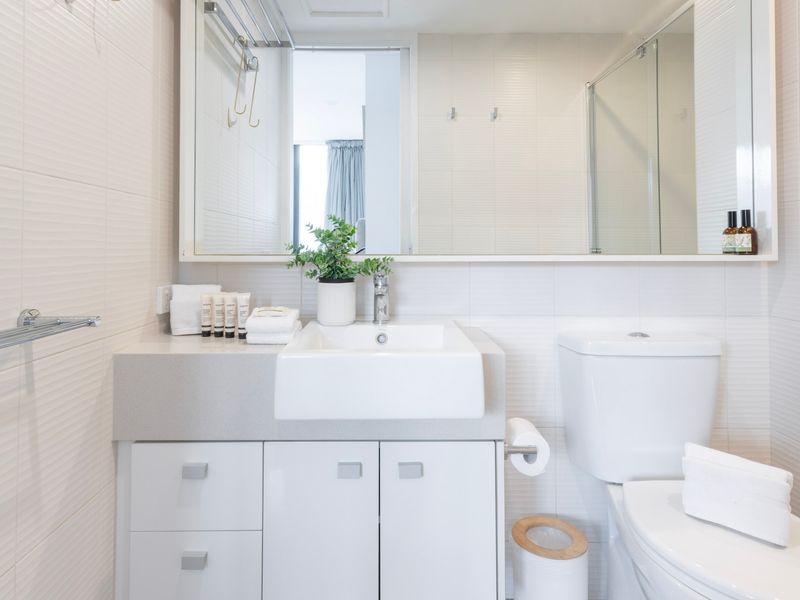 Bathroom with vanity mirror for added convenience