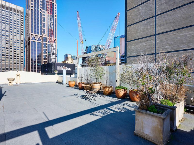 Expansive rooftop terrace with seating and greenery, offering city views