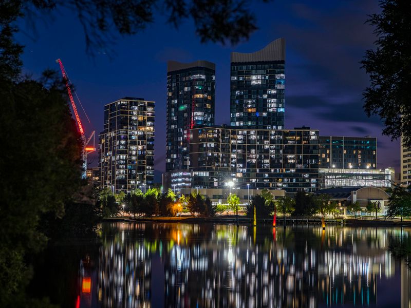 City skyline beautifully lit at night