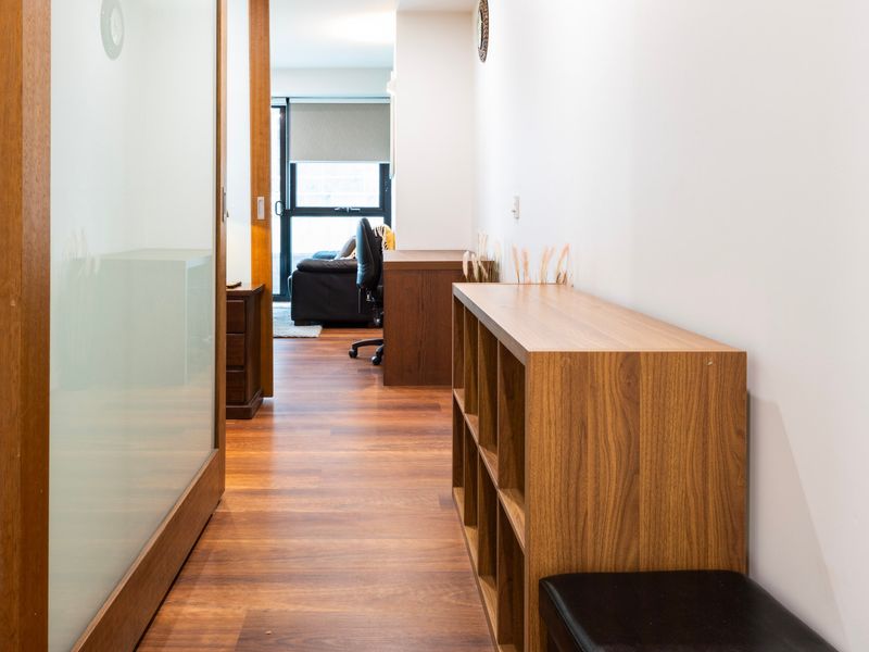 Hallway with storage leading to living area.