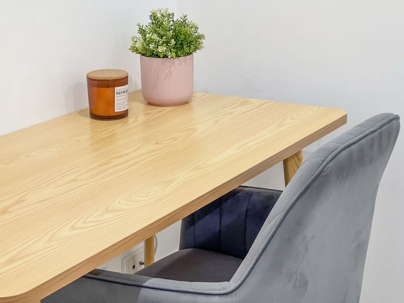 Dedicated workspace with desk and chair.