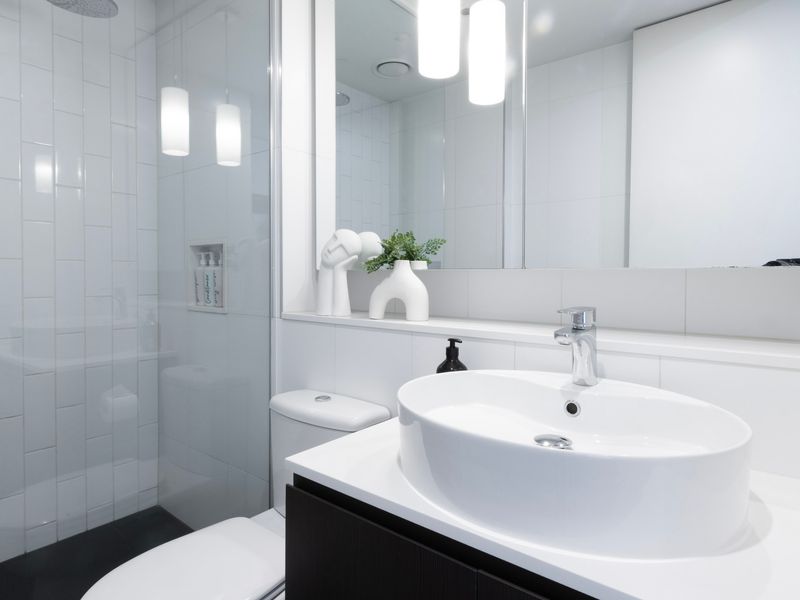 Contemporary bathroom with walk-in shower and sleek design