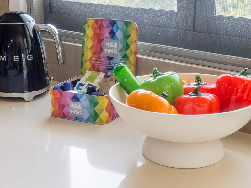 Coffee and tea station with colourful touches