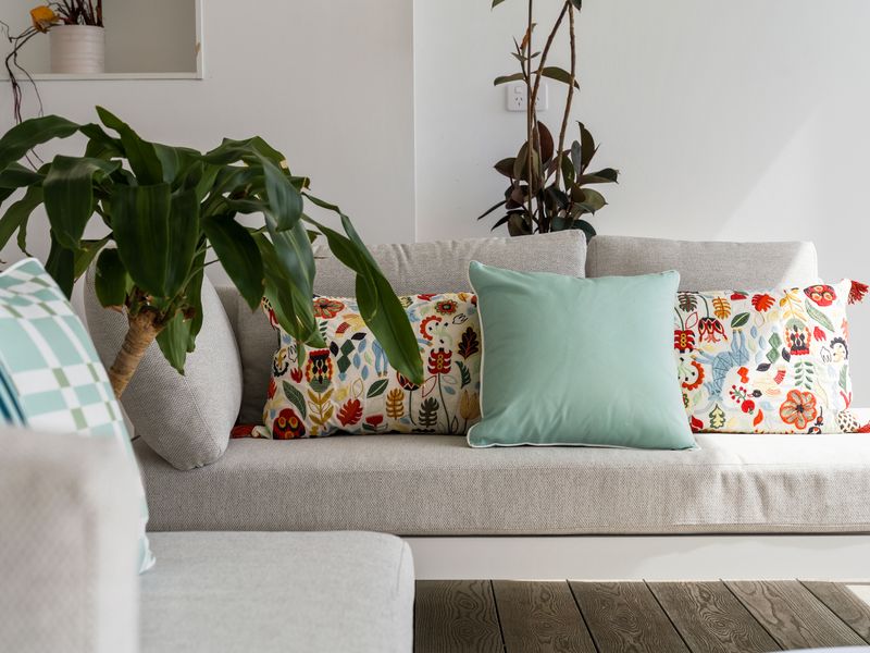 Cozy lounge details with pops of color