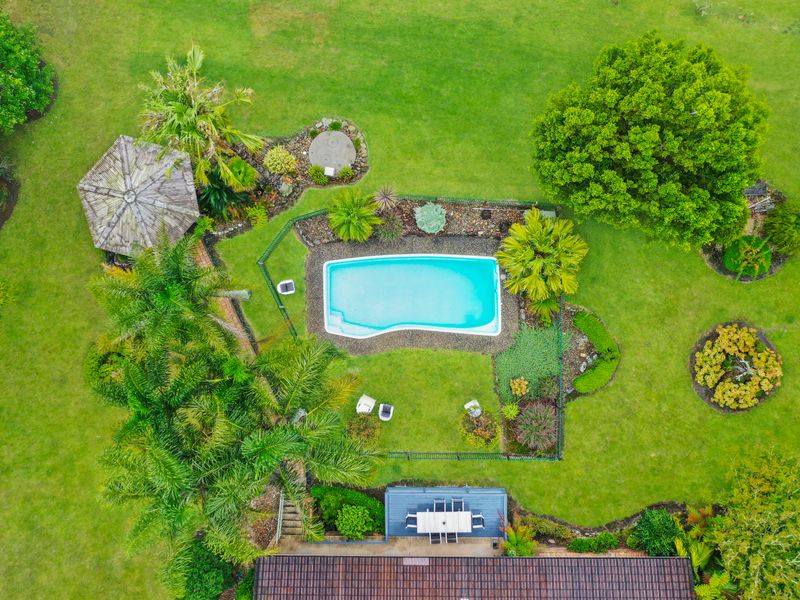 Overhead view of the pool, gardens, and outdoor entertaining zones