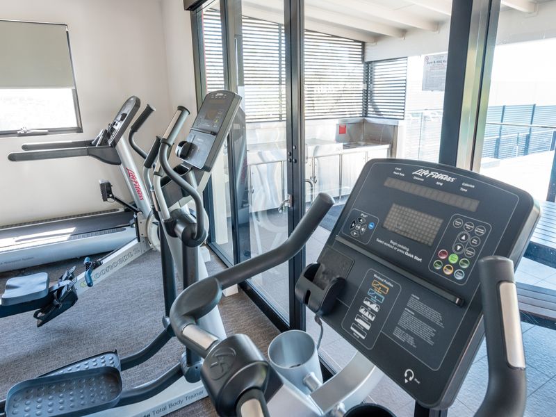 On-site gym with cardio and fitness equipment.