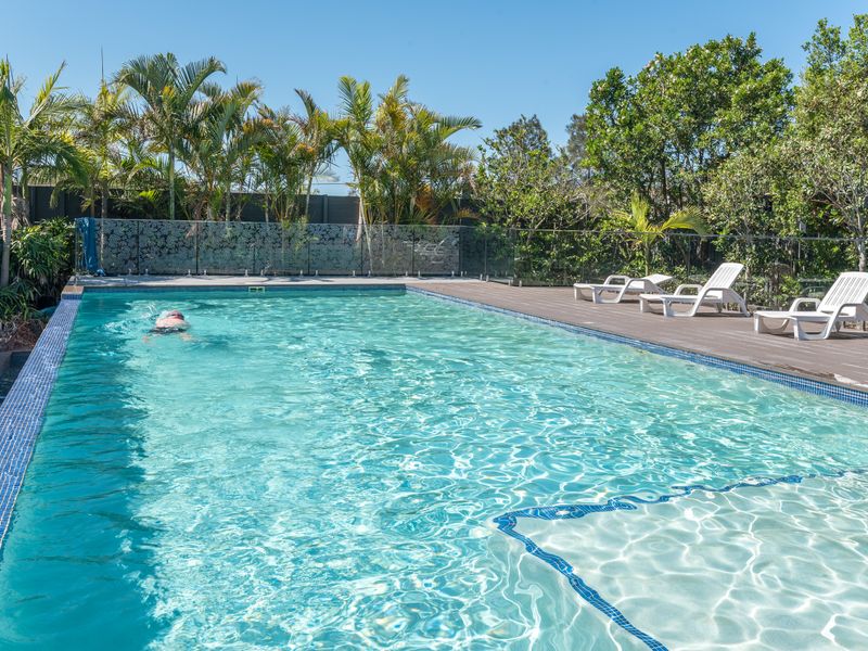 Resort-style swimming pool surrounded by tropical landscaping.
