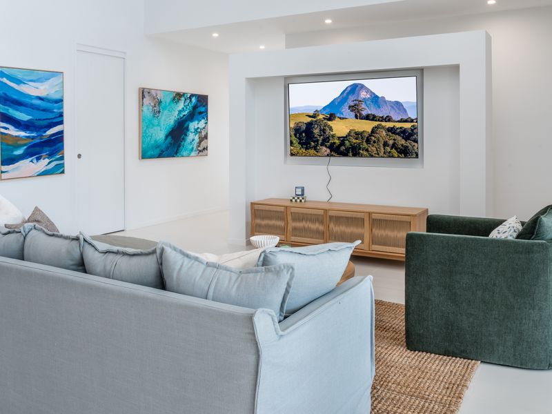 Cozy living space with coastal-inspired decor.