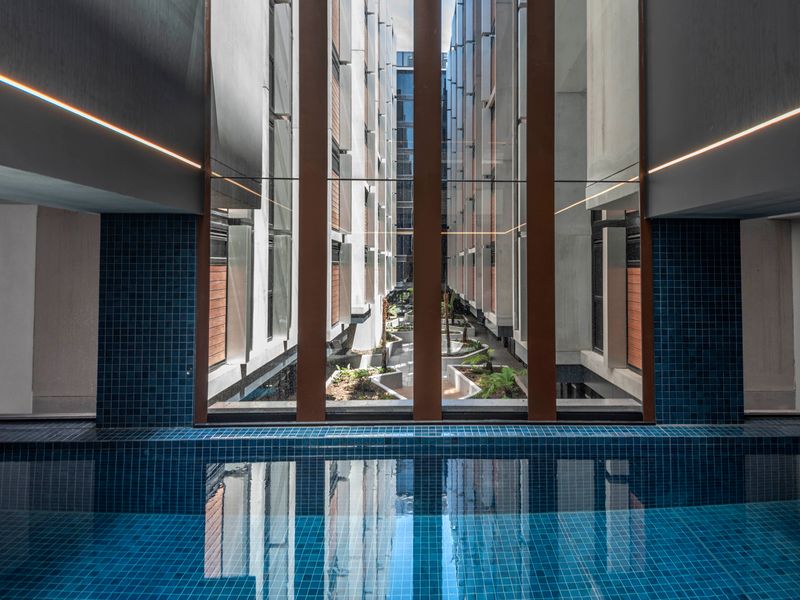 Architectural courtyard pool with modern vertical design