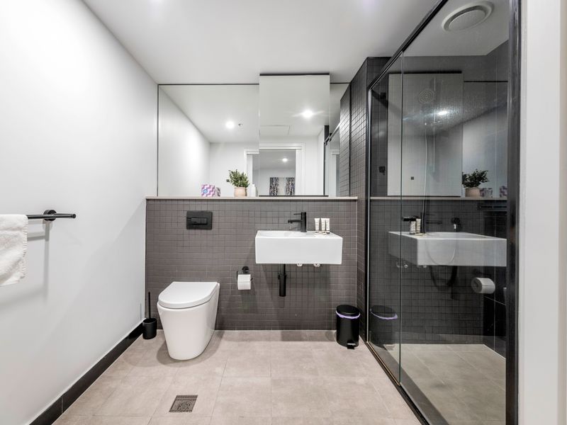 Modern bathroom with sleek fixtures and a clean minimalist design