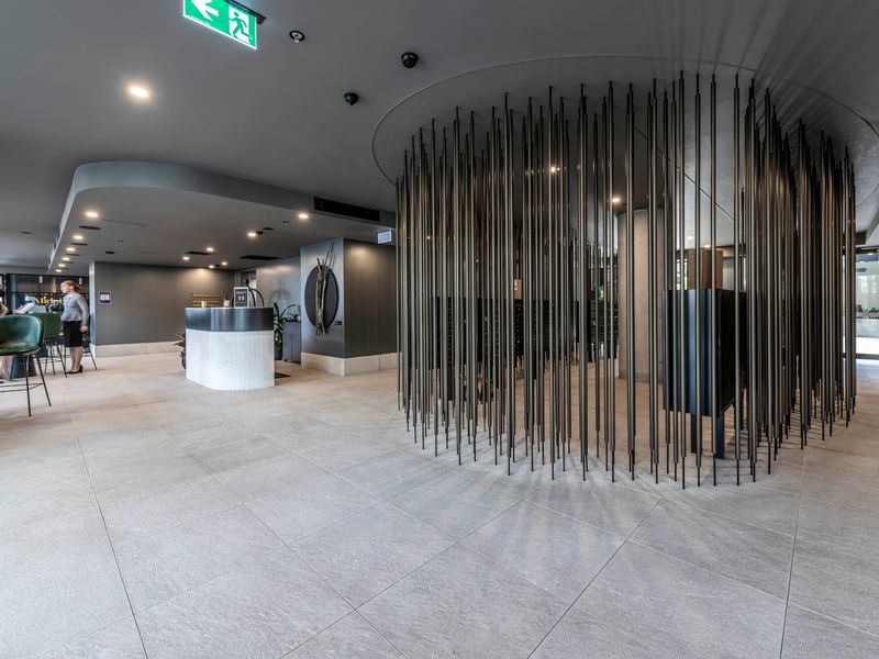 Stylish and secure building lobby with modern architectural details