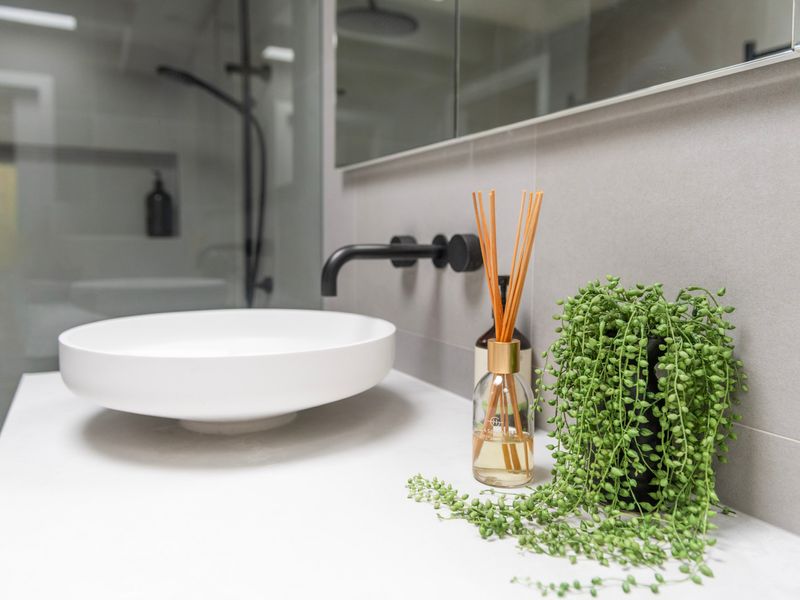 Minimalist vanity with stylish fixtures and greenery.