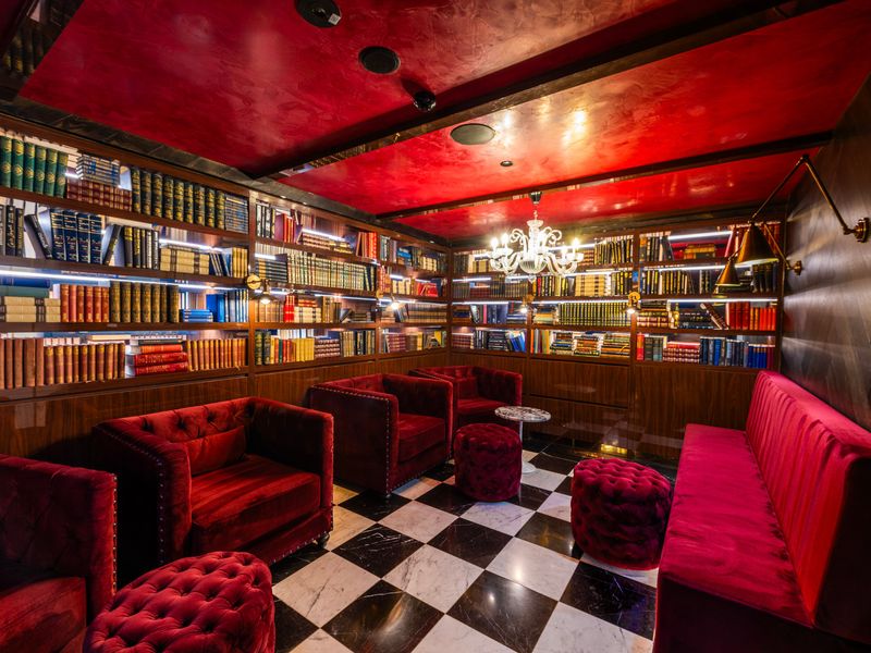 Chic library lounge with classic decor and inviting velvet seating.