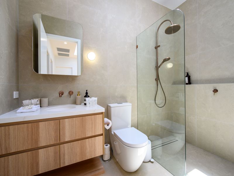 Modern bathroom with walk-in shower and warm timber finishes.