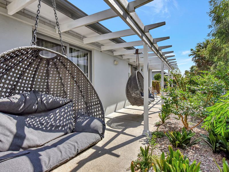 Hanging egg chairs offering a cozy garden retreat