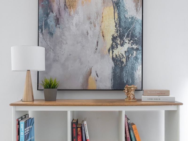 Curated artwork enhances the apartment’s character.