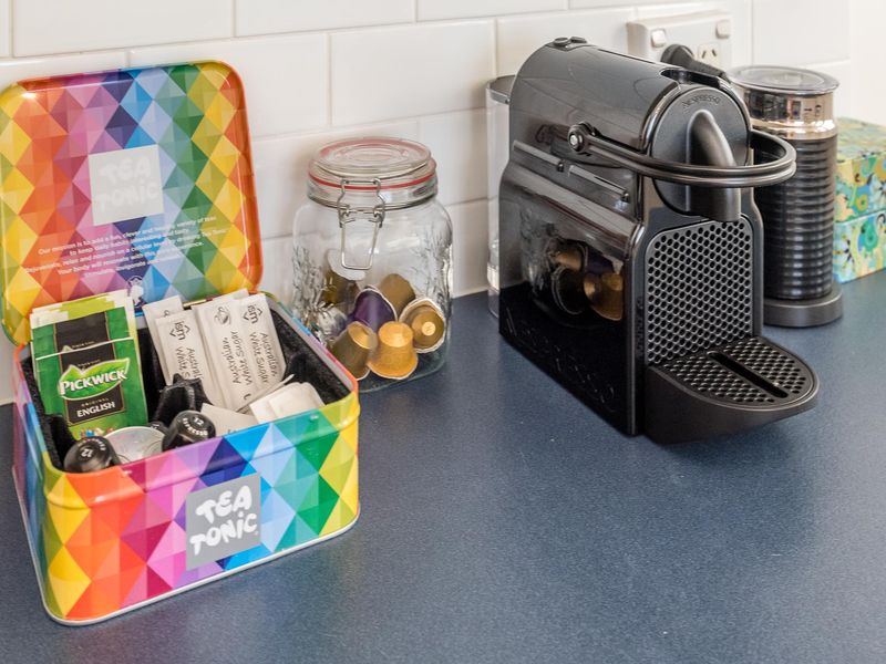 Coffee and tea station with premium appliances for easy mornings