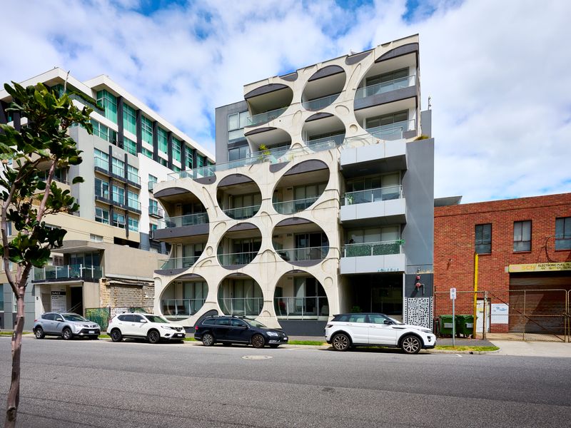 Iconic building exterior with striking architectural style