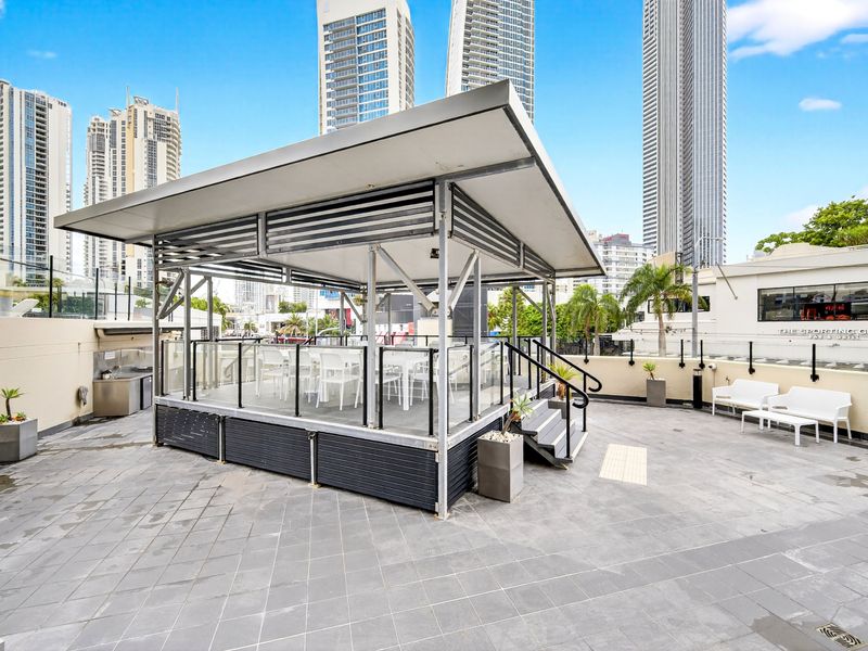 Rooftop pavilion and shaded seating area