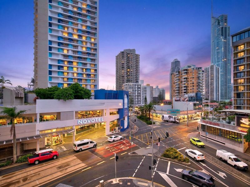 Vibrant city views at dusk just outside the building