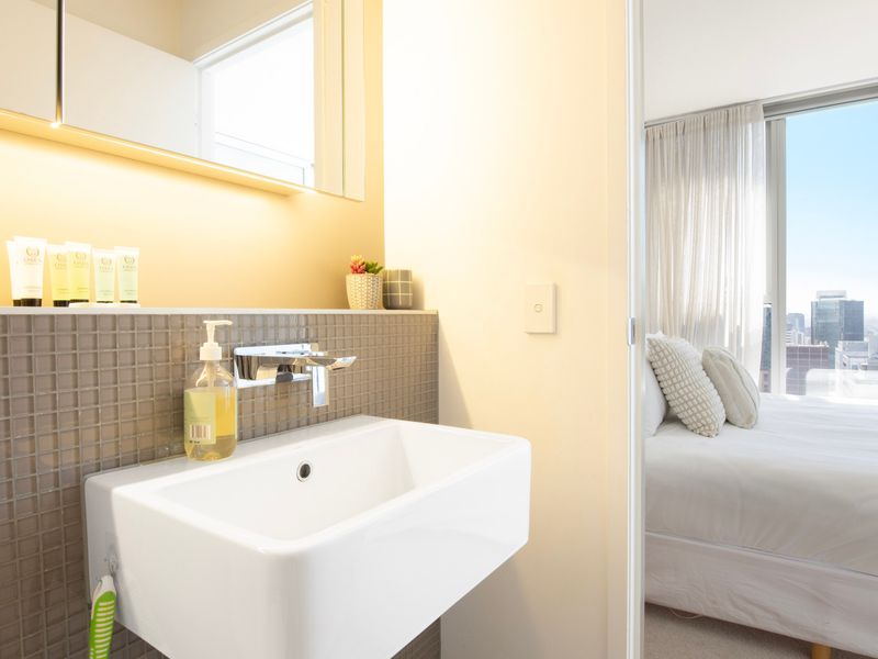 Modern vanity with premium toiletries provided