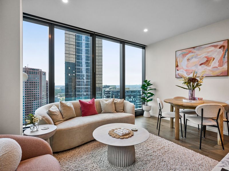 Cozy lounge with floor-to-ceiling windows