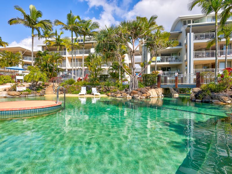 Resort-style communal pool surrounded by lush tropical gardens – perfect for a refreshing dip or relaxing afternoon in the sun.